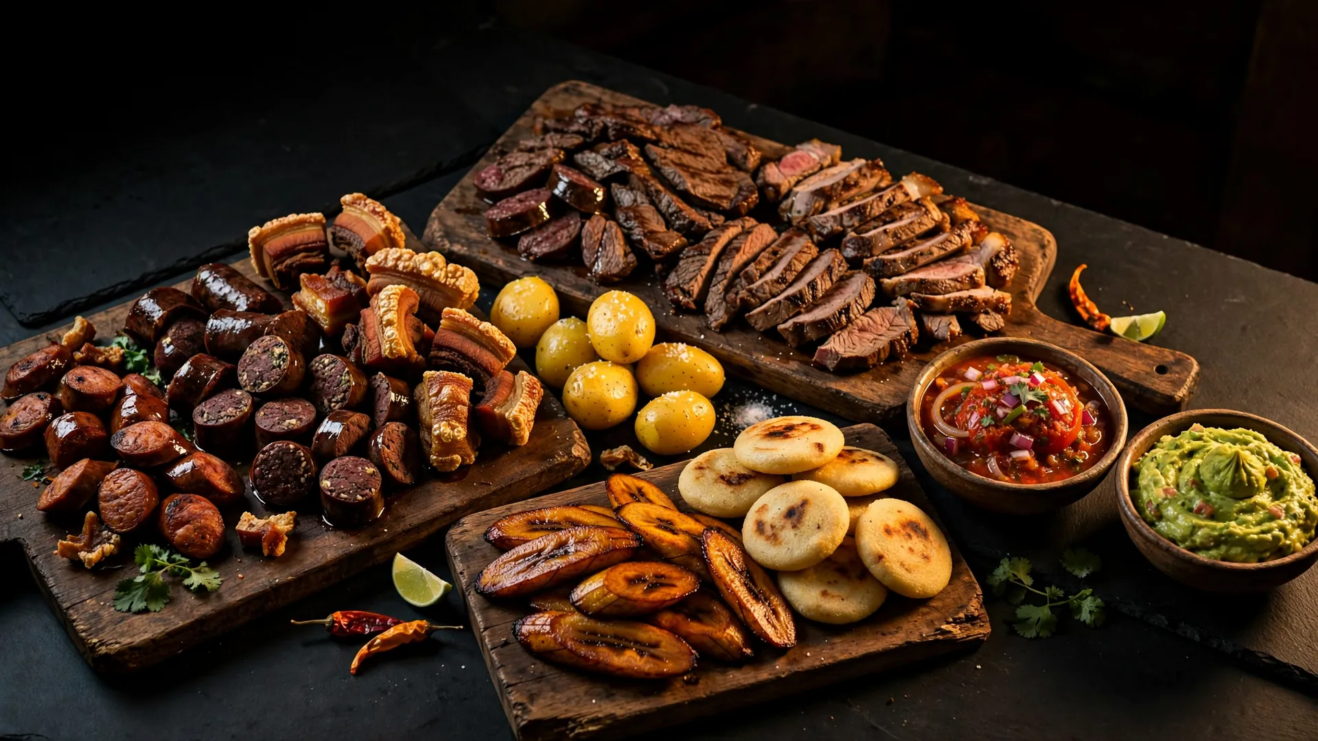 A picada spread on wooden boards