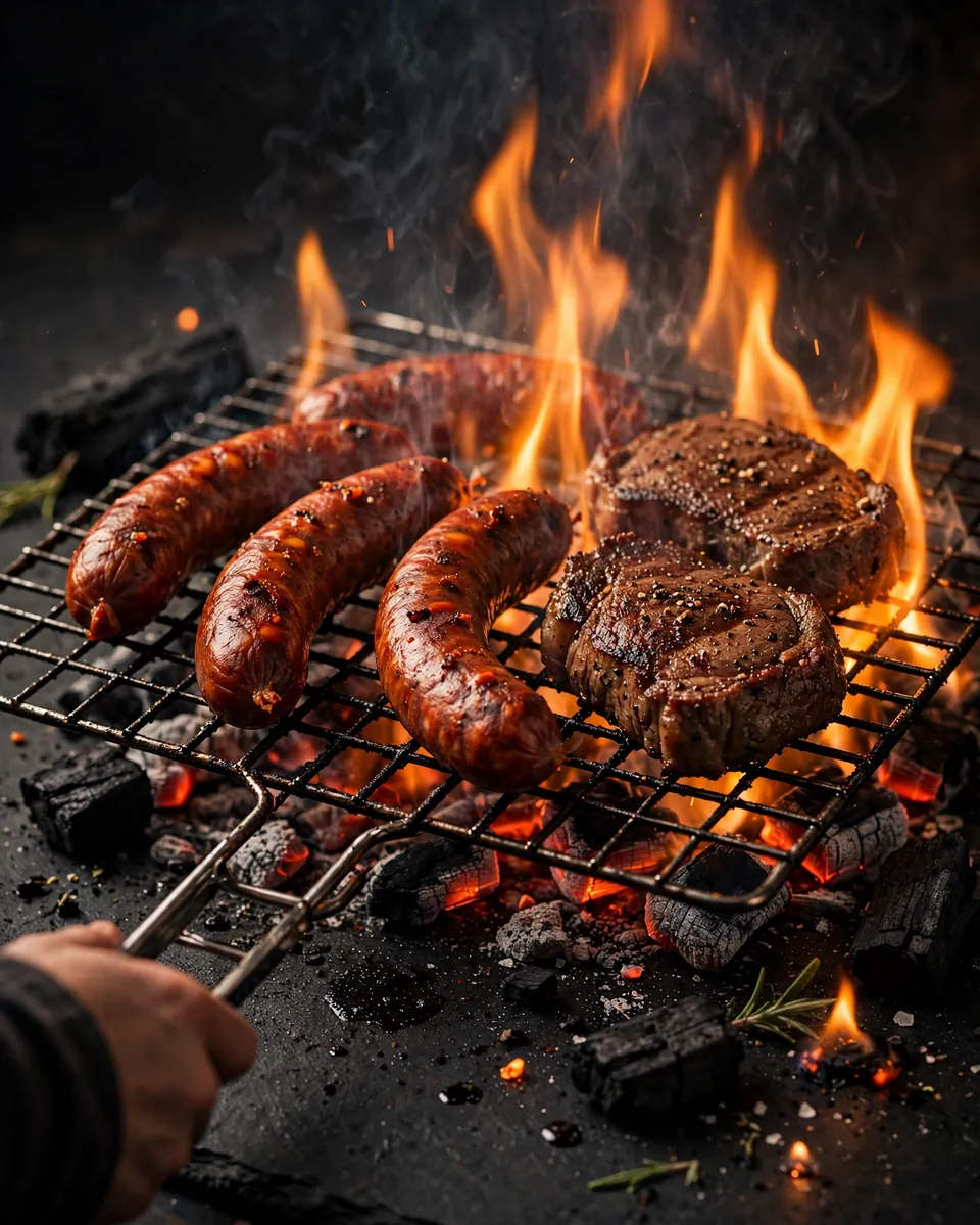 Chorizos and beef on a grill