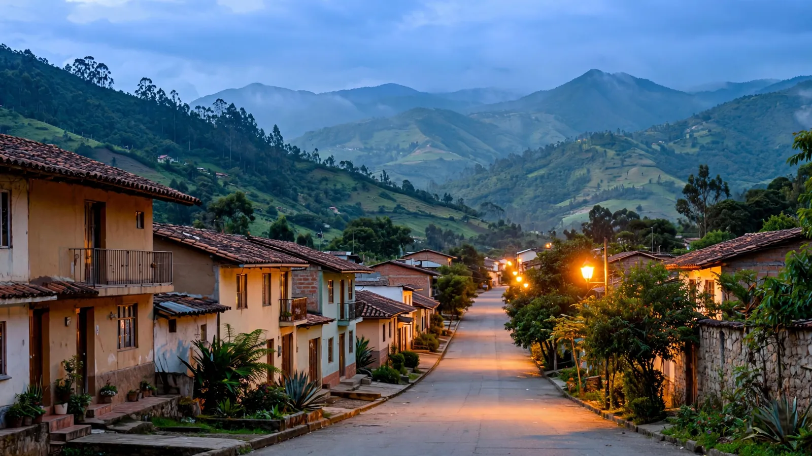 An evening street in Ibagué with mountains behind